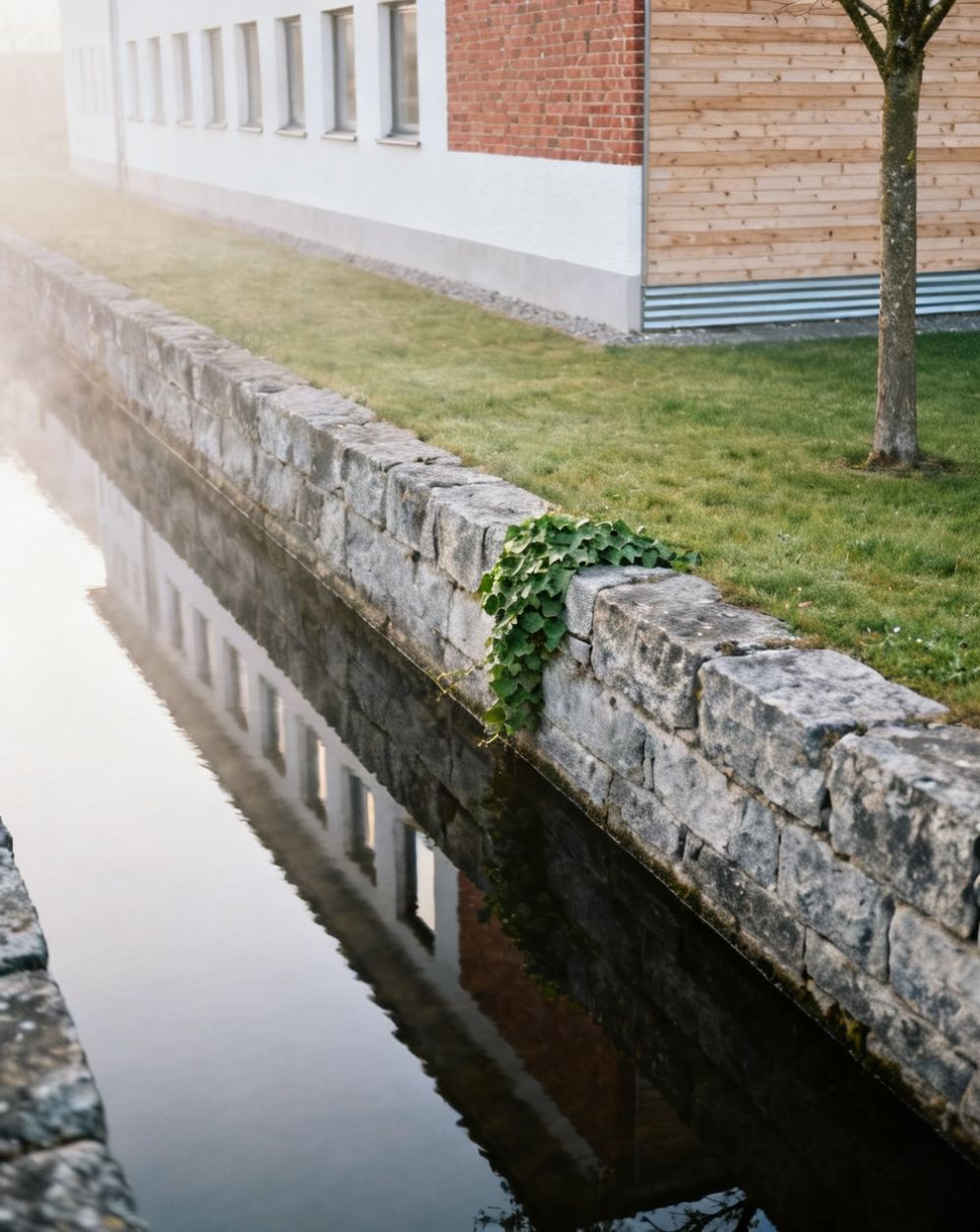 Kaimauer aus verwittertem Naturstein an einem stillen Kanal im Morgenlicht, gespiegelte Fassaden auf dem Wasser