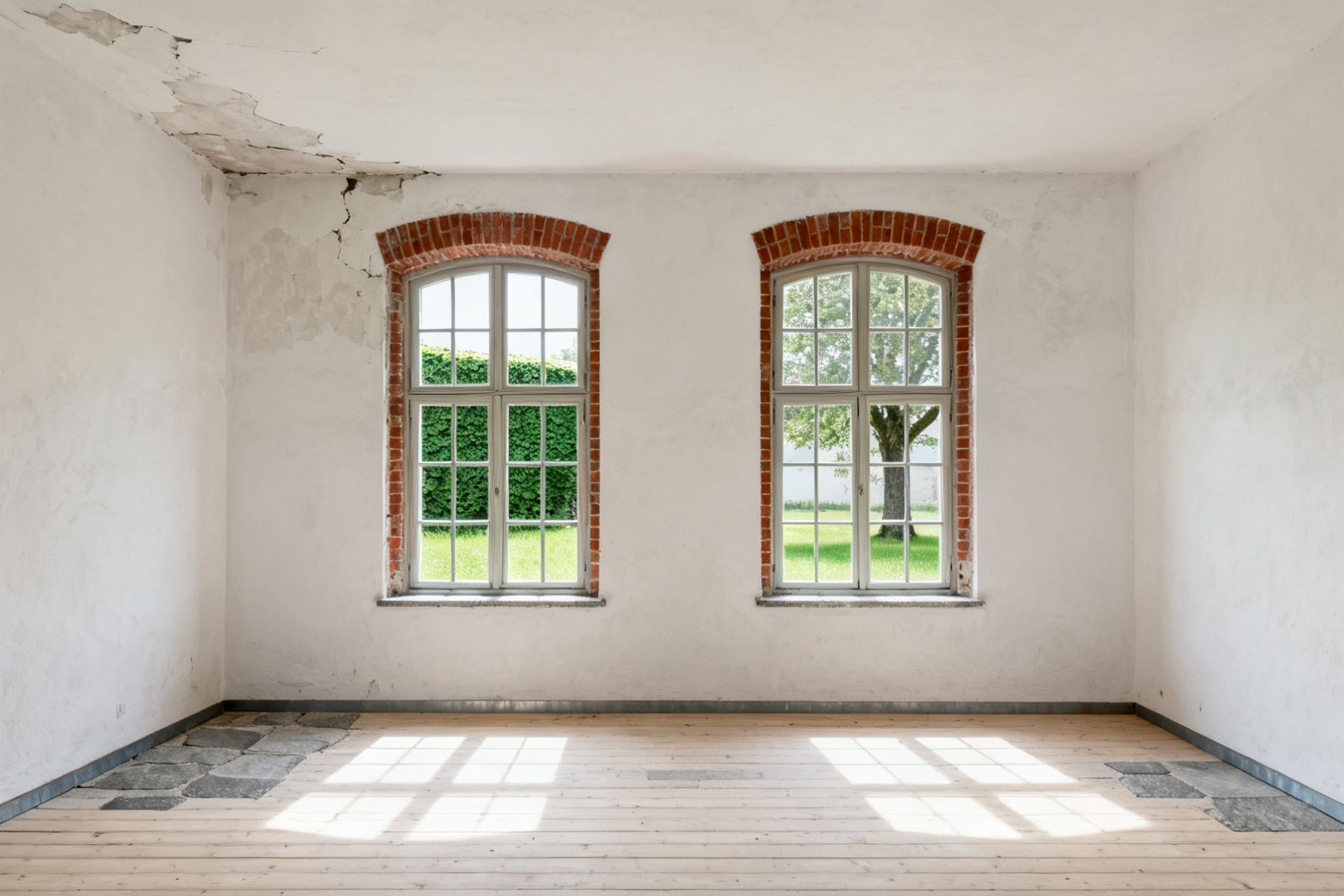 Zwei hohe Sprossenfenster in einer weiß verputzten Wand, Vormittagslicht auf Dielenboden