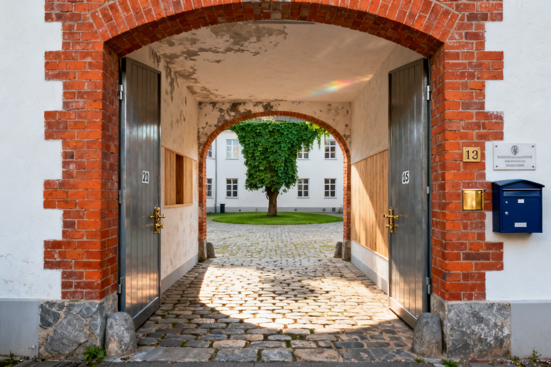 Offene Durchfahrt aus Backstein in einen ruhigen Innenhof, Morgenlicht auf dem Pflaster