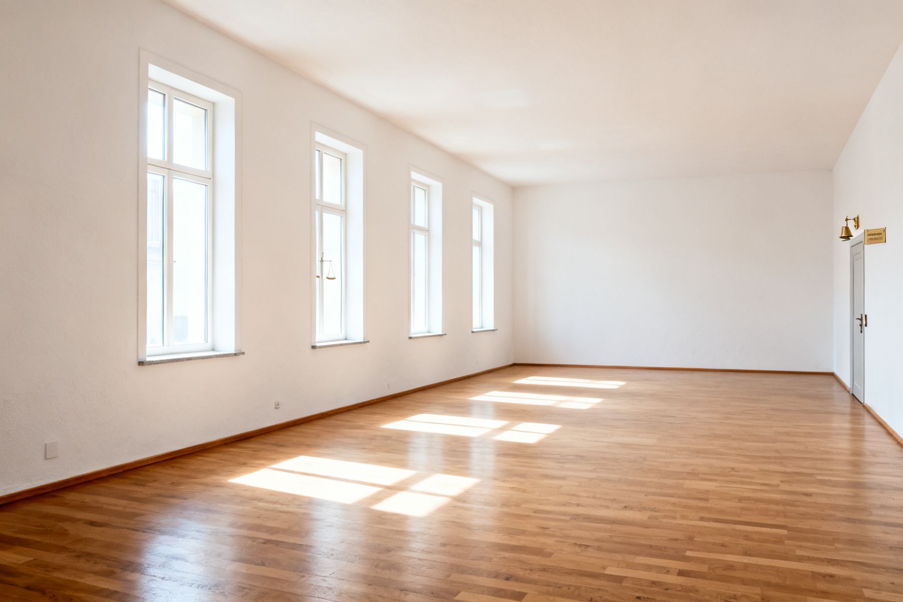 Reihe hoher Fenster in einem leeren Raum mit Dielenboden, weiches Licht von links